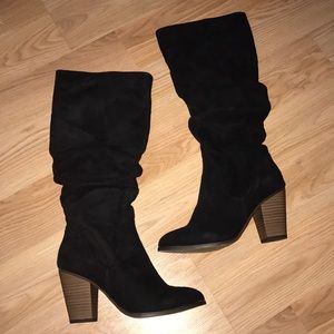 Tall Black Suede Heeled Boots